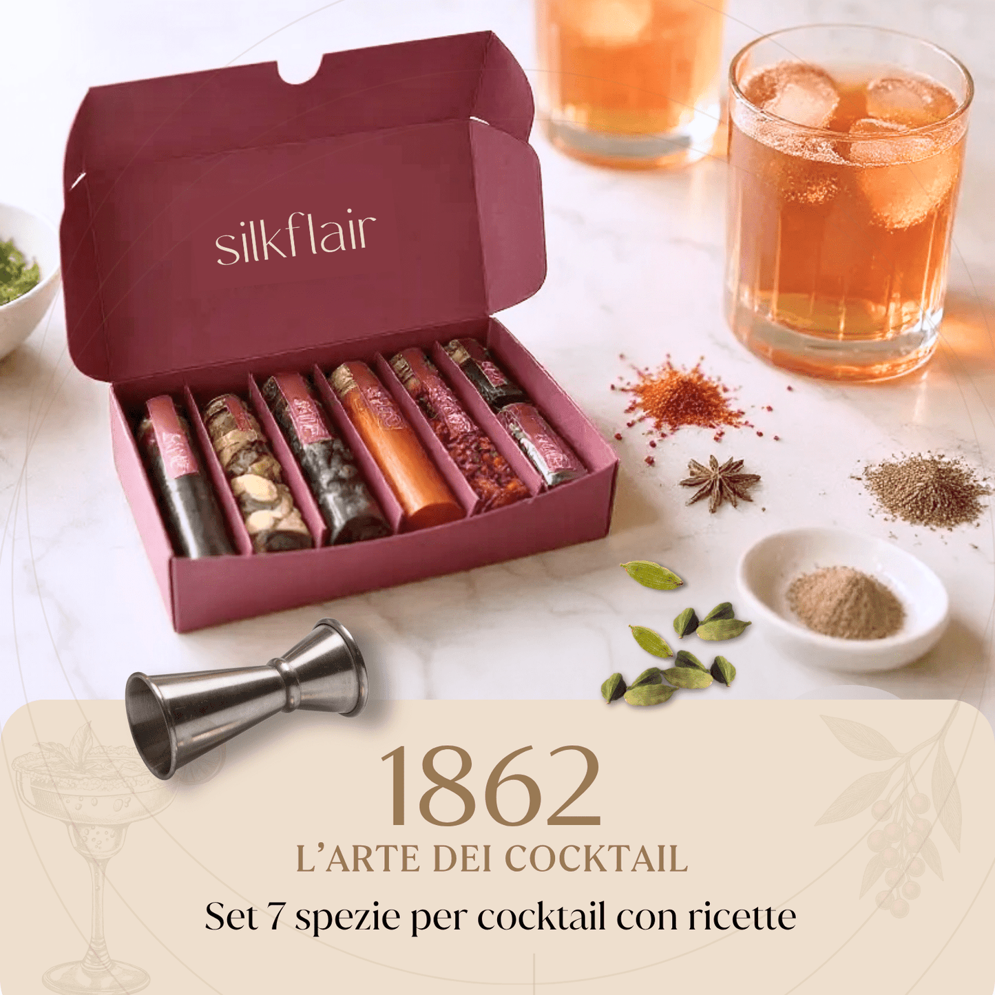 1862 - L’Arte dei Cocktail | Box gourmet con 7 botaniche e spezie per mixology | Edizione limitata 2025 - Silkflair