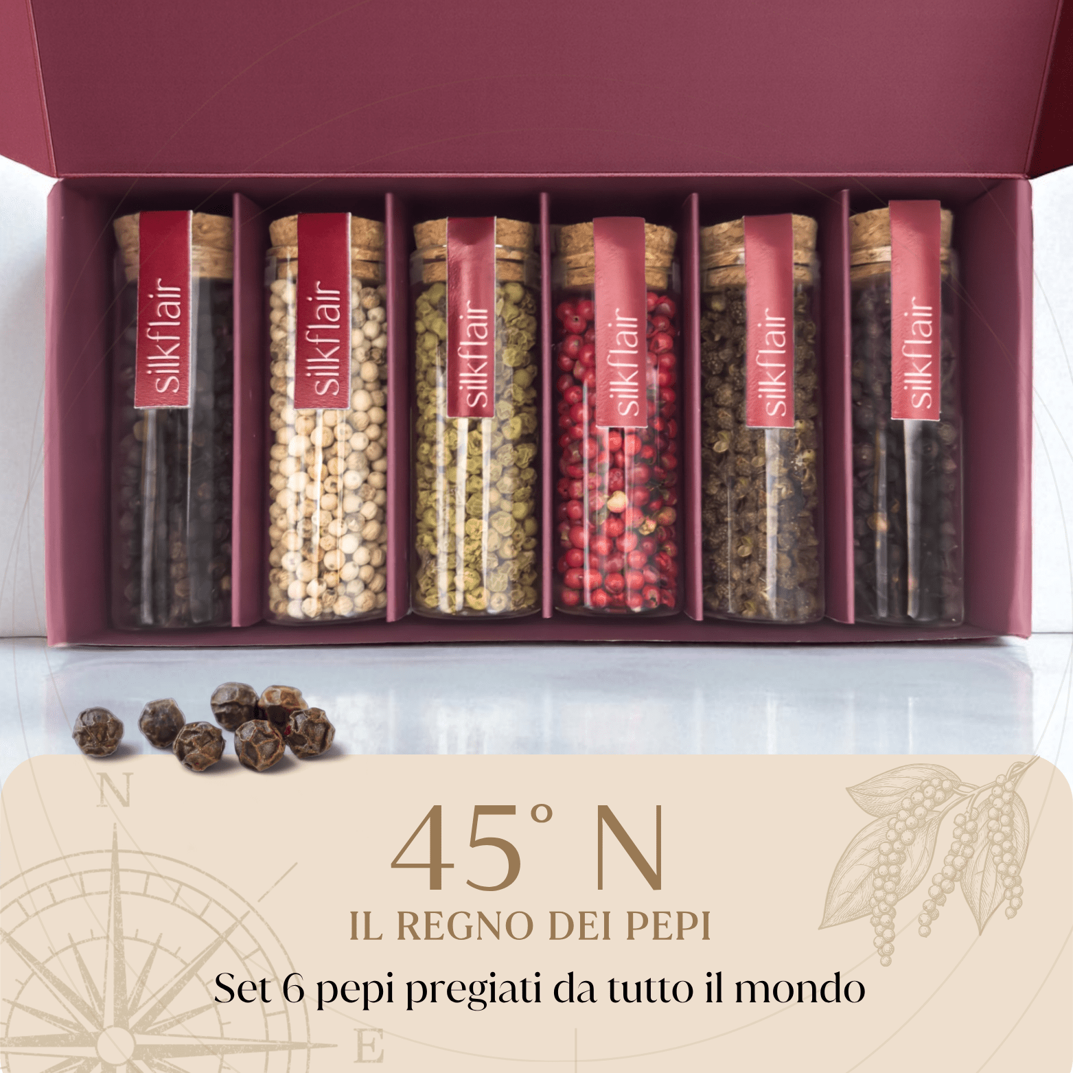 45°N - Il Regno dei Pepi - Box gourmet con 6 pepi dal mondo | Edizione limitata 2025 - Silkflair